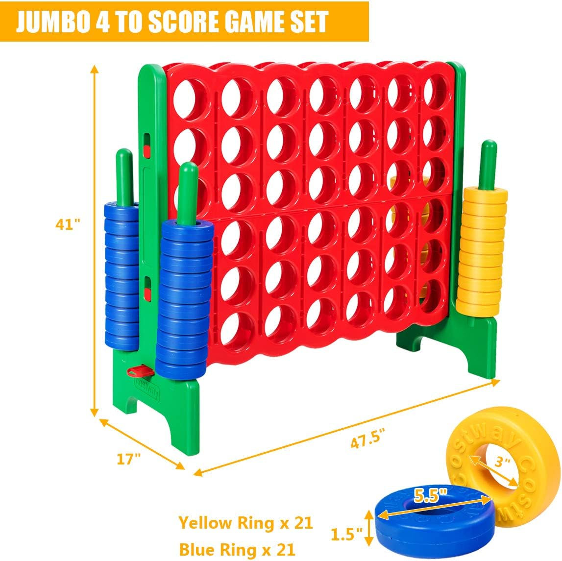 Jumbo 4-To-Score Giant Game Set, 4 in a Row for Kids and Adults, 3.5FT Tall Indoor & Outdoor Game Set with 42 Jumbo Rings & Quick-Release Slider, Perfect for Holiday Party & Family Game, Green