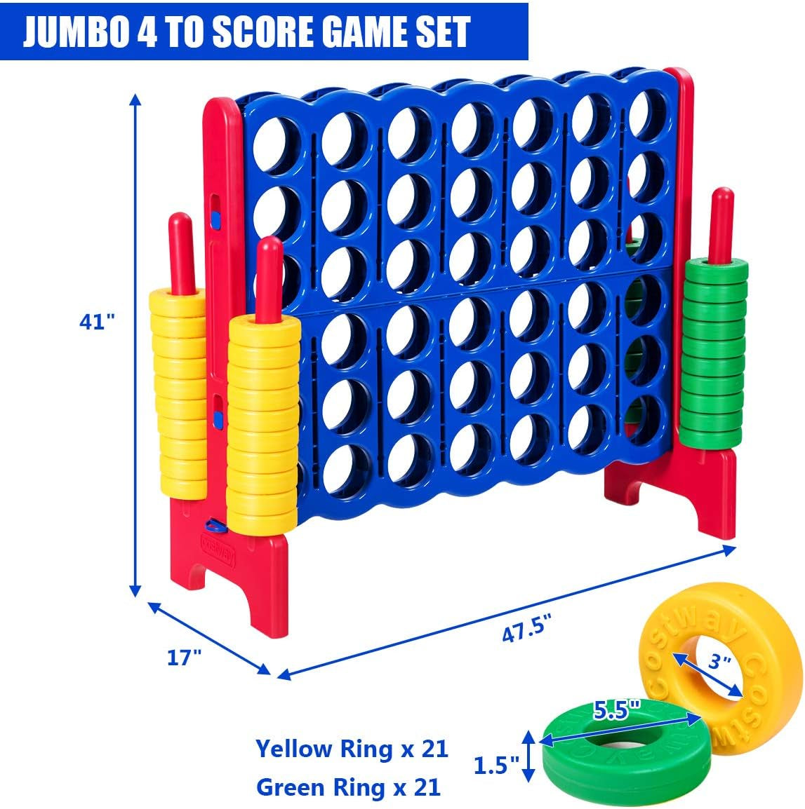 Jumbo 4-To-Score Giant Game Set, 4 in a Row for Kids and Adults, 3.5FT Tall Indoor & Outdoor Game Set with 42 Jumbo Rings & Quick-Release Slider, Perfect for Holiday Party & Family Game, Red