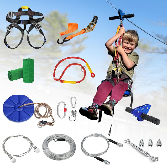 Zipline for Kids and Adult, Zip Line Kits for Backyard with Stainless Steel Spring Brake, Cable Tensioning Kit, Safety Harness, 2 Tree Protectors and Full Set of Zip Line Accessories