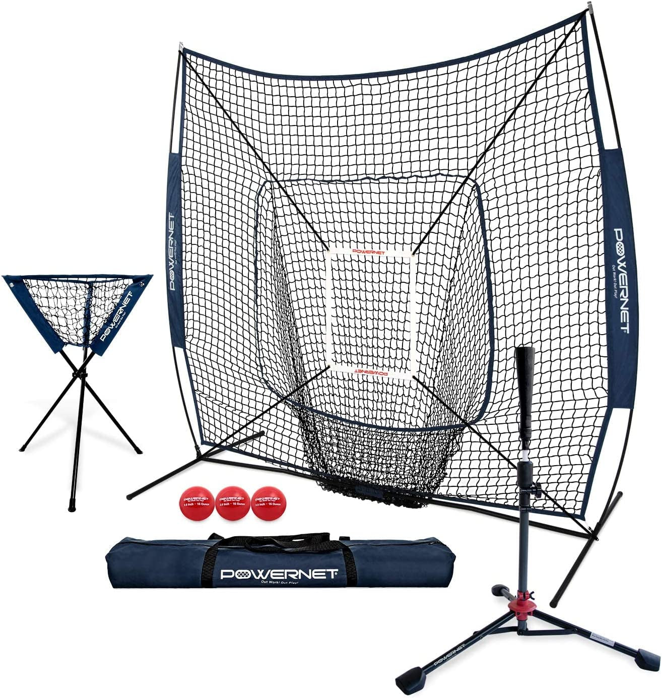 7X7 DLX Practice Net + Deluxe Tee + Ball Caddy + 3 Pack Weighted Ball + Strike Zone Bundle | Baseball Softball Coach Pack | Pitching Batting Training Equipment Set | 7' X 7' (Navy)