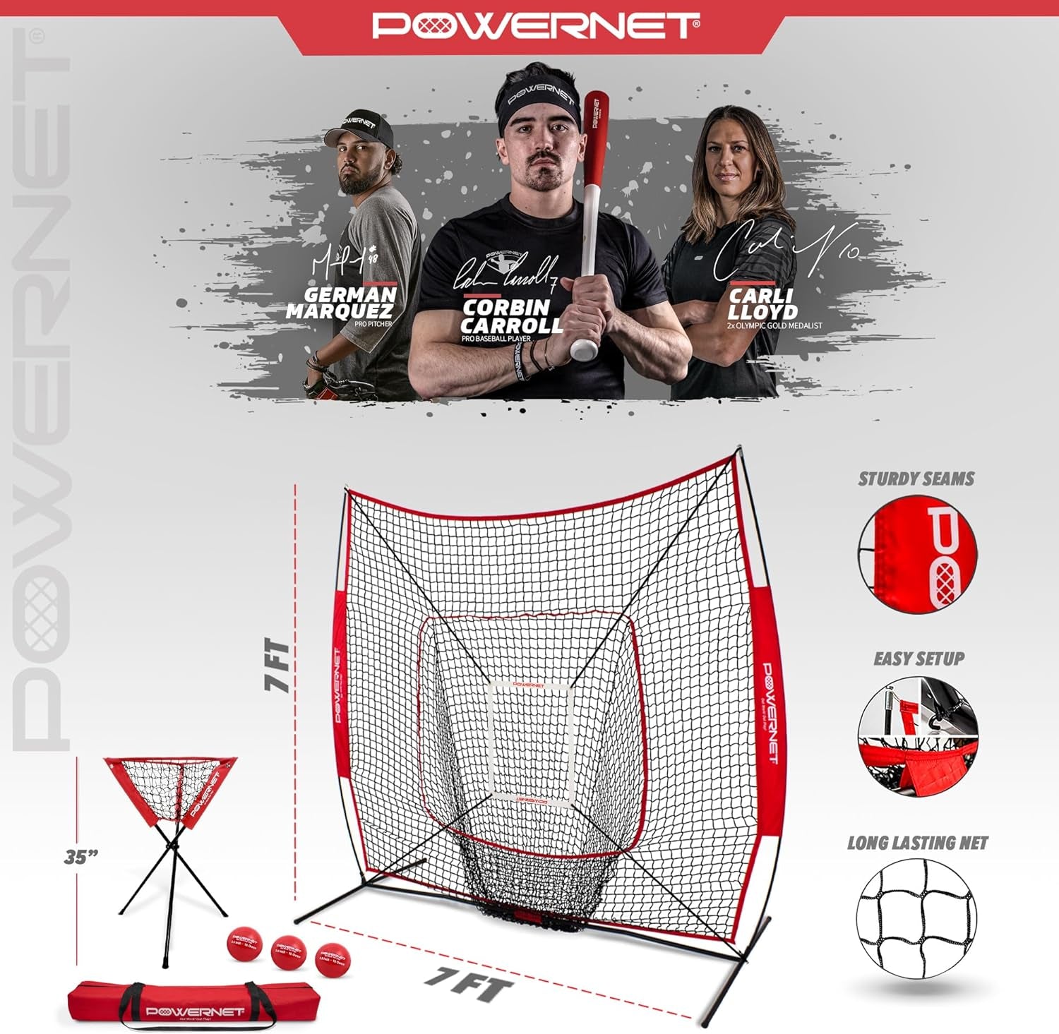 7X7 DLX Practice Net + Deluxe Tee + Ball Caddy + 3 Pack Weighted Ball + Strike Zone Bundle | Baseball Softball Coach Pack | Pitching Batting Training Equipment Set | 7' X 7' (Royal Blue)