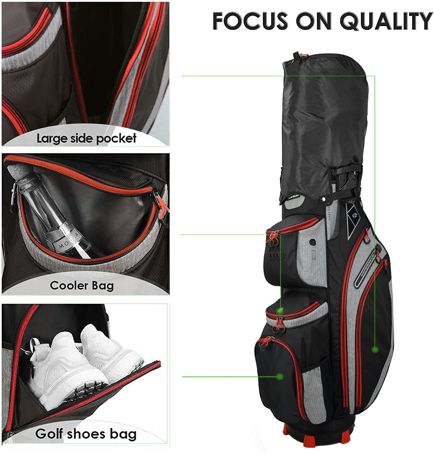 14 Way Golf Cart Bag for Push Bag Classy Design Full Length with Cooler, Rain Hood, Putter Well