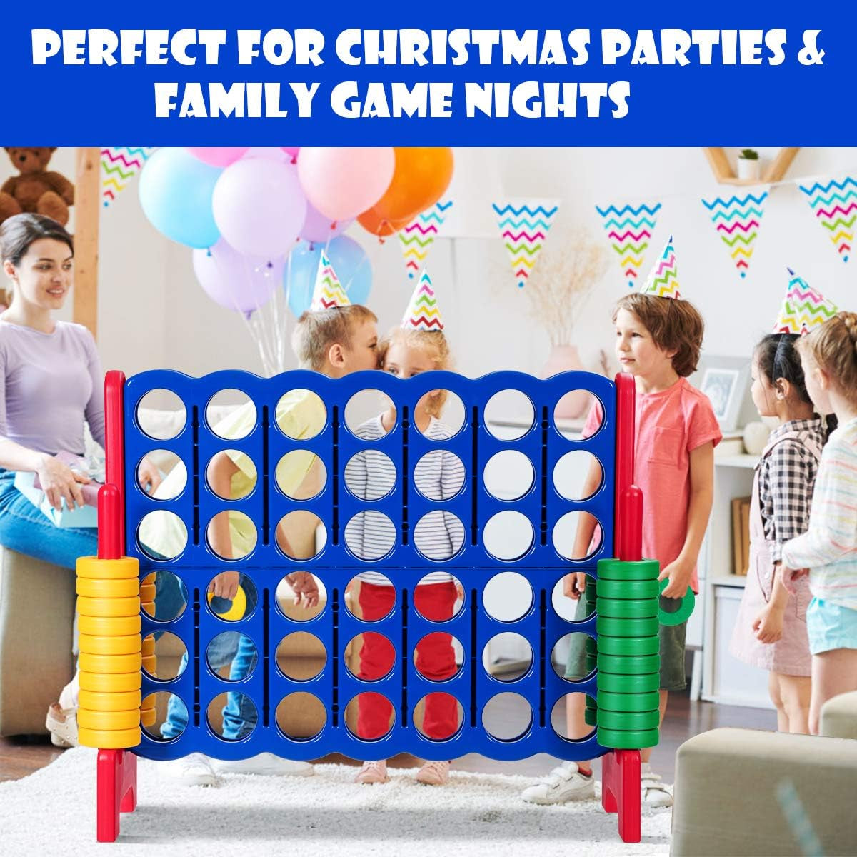 Jumbo 4-To-Score Giant Game Set, 4 in a Row for Kids and Adults, 3.5FT Tall Indoor & Outdoor Game Set with 42 Jumbo Rings & Quick-Release Slider, Perfect for Holiday Party & Family Game, Red