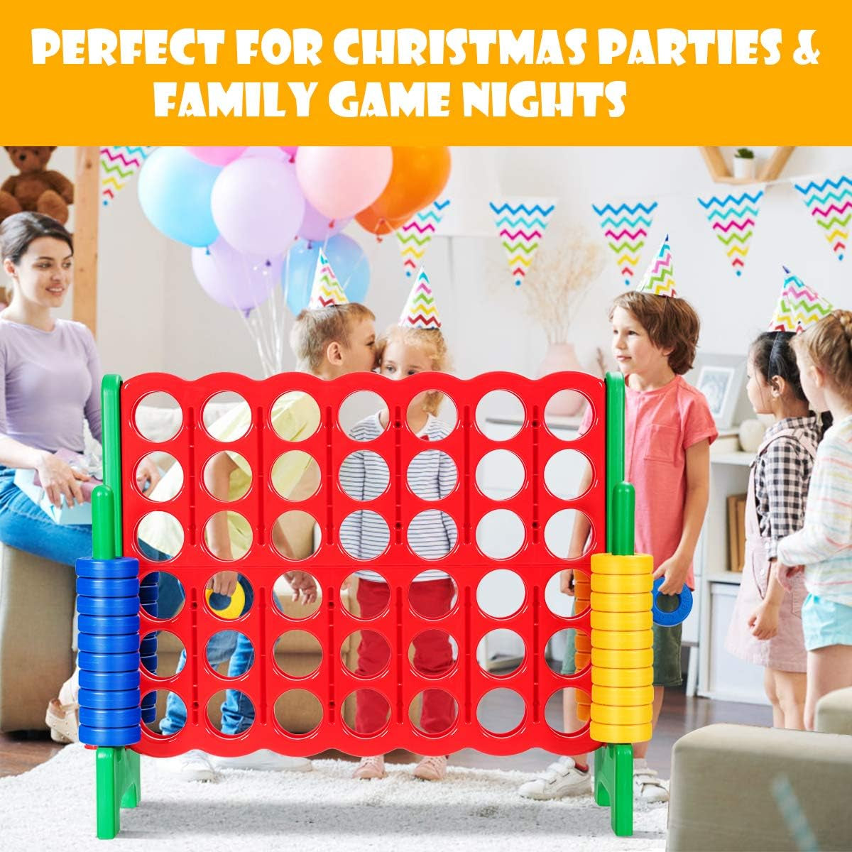 Jumbo 4-To-Score Giant Game Set, 4 in a Row for Kids and Adults, 3.5FT Tall Indoor & Outdoor Game Set with 42 Jumbo Rings & Quick-Release Slider, Perfect for Holiday Party & Family Game, Green