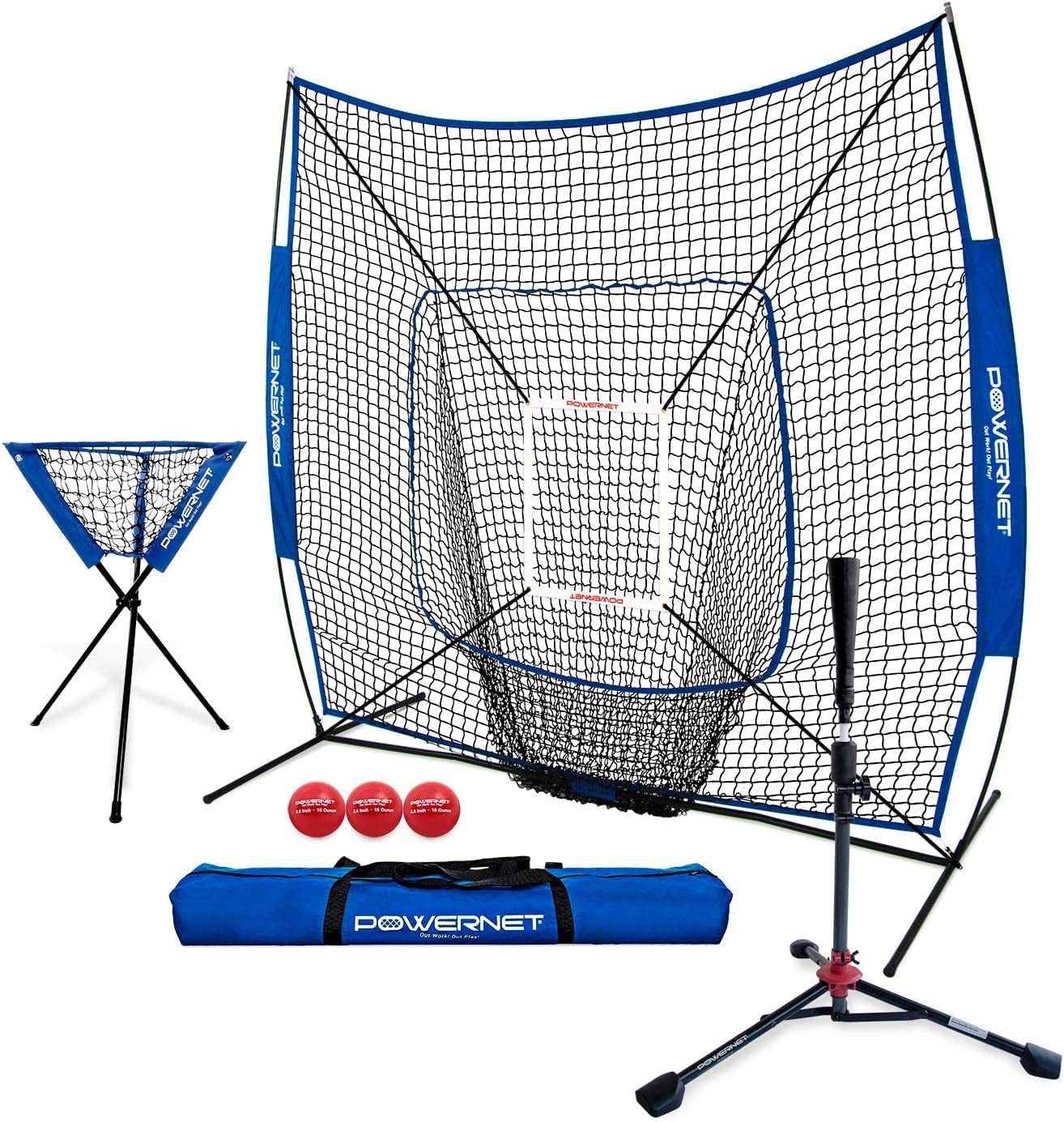 7X7 DLX Practice Net + Deluxe Tee + Ball Caddy + 3 Pack Weighted Ball + Strike Zone Bundle | Baseball Softball Coach Pack | Pitching Batting Training Equipment Set | 7' X 7' (Royal Blue)