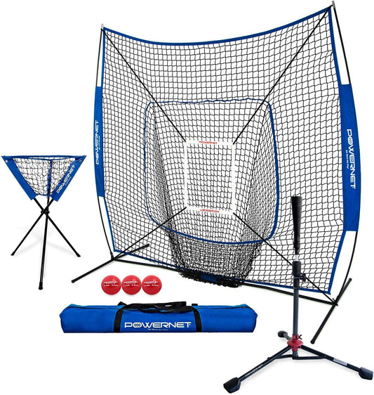 7X7 DLX Practice Net + Deluxe Tee + Ball Caddy + 3 Pack Weighted Ball + Strike Zone Bundle | Baseball Softball Coach Pack | Pitching Batting Training Equipment Set | 7' X 7' (Royal Blue)